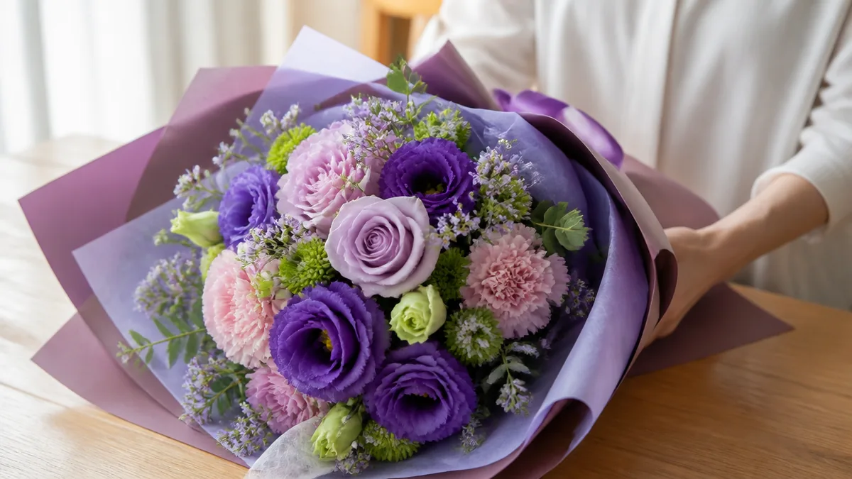 喜寿のお祝いの花が「紫」と言われる理由と、紫一色を避けたい事情の解説画像